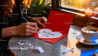 Writing a heartfelt love note on red card at cozy table