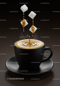 Steam rising from coffee with sugar cubes and dripping caramel