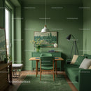 Green Living Room with Wooden Furniture and Modern Decor