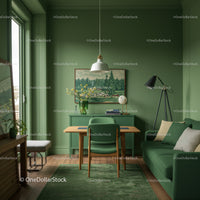 Green Living Room with Wooden Furniture and Modern Decor