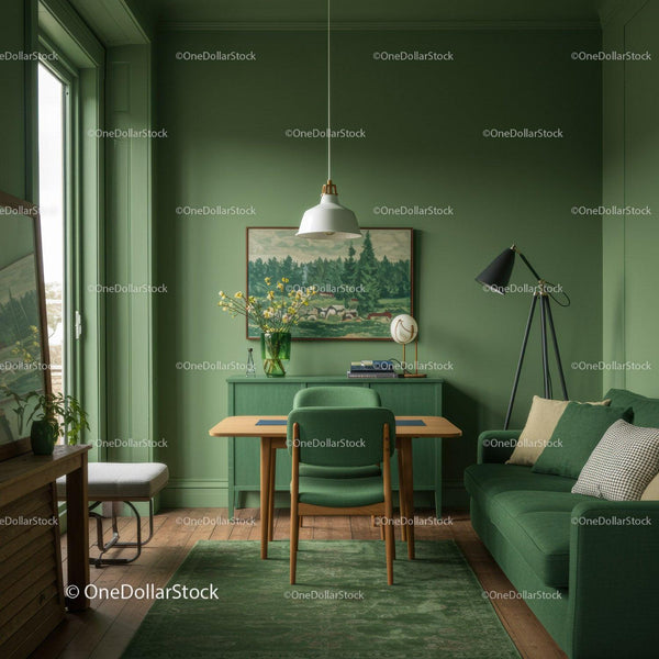 Green Living Room with Wooden Furniture and Modern Decor