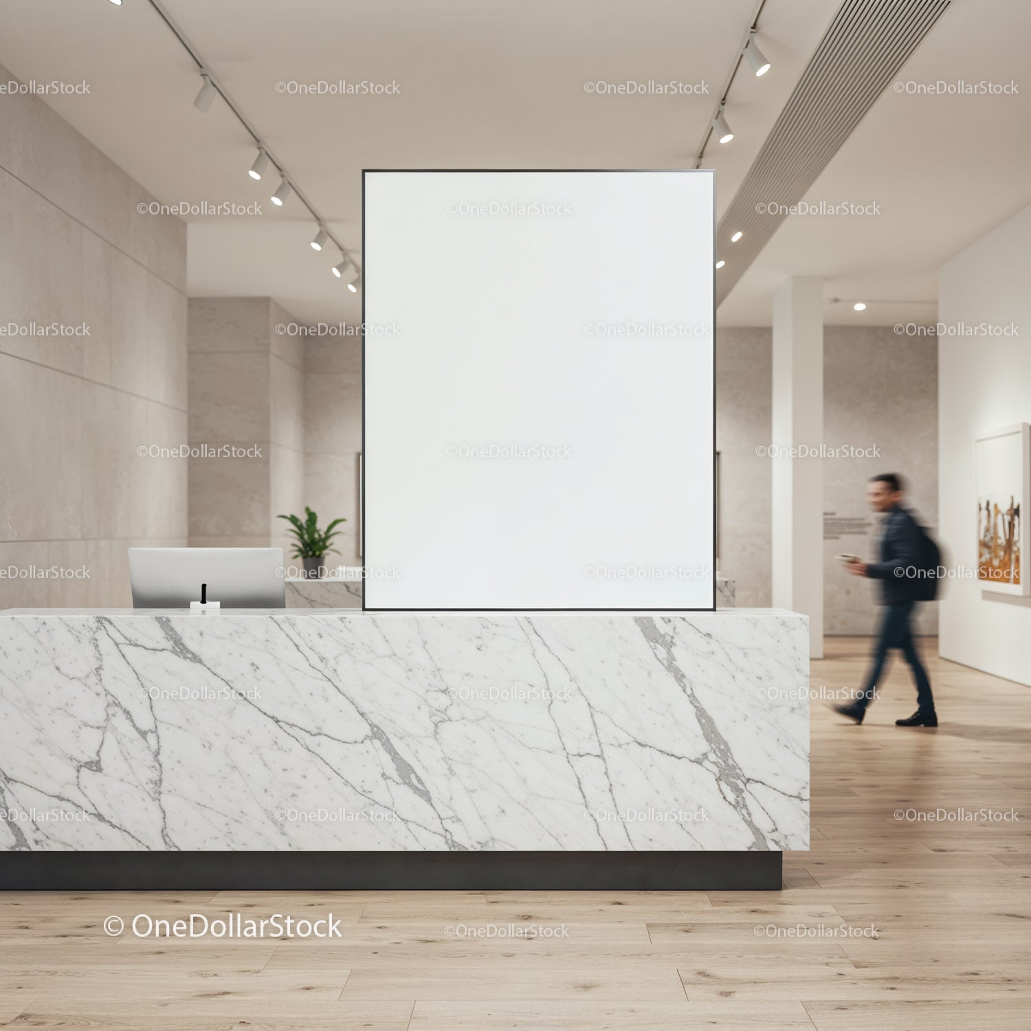 Modern marble reception desk with blank sign in lobby