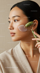 Young Woman Using Jade Roller for Facial Massage and Skincare