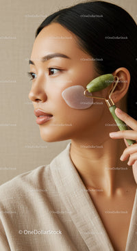 Young Woman Using Jade Roller for Facial Massage and Skincare