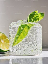 Fresh Green Leaves Frozen Inside Transparent Ice Cube