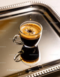 Freshly brewed espresso with crema on silver tray