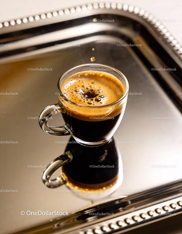Freshly brewed espresso with crema on silver tray