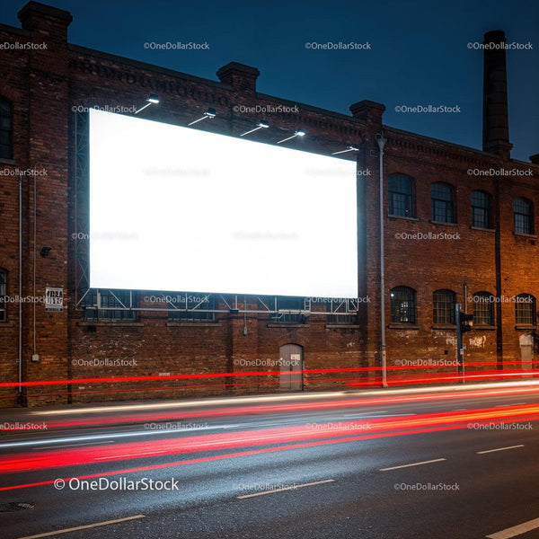 Illuminated Blank Billboard on Brick Building at Night JPG Mockup Image
