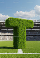 Green grassy letter T on football field in stadium