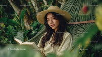 Woman Relaxing with a Book in a Tropical Greenery Setting