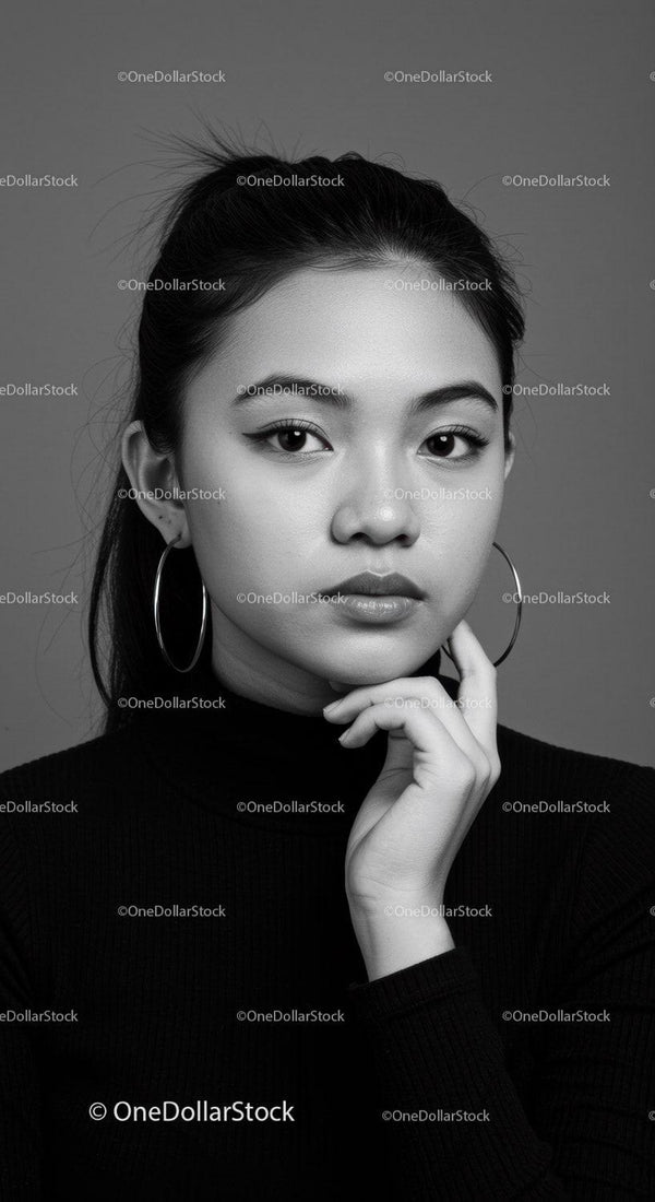 Elegant Black and White Studio Portrait of Young Asian Woman