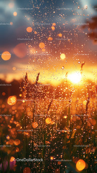 Sunset with Dewdrops on Grass and Bokeh Effect in Warm Light