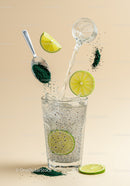 Refreshing chia water with lime and spirulina powder splash