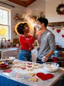 Couple Playfully Baking Heart-Shaped Cookies Together
