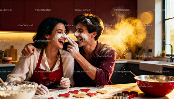 Couple Having Fun Baking Heart Shaped Cookies Together