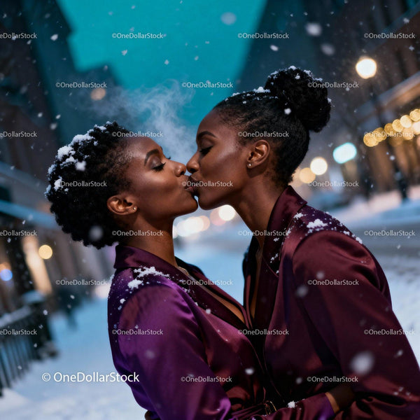 Two Women Sharing a Tender Kiss in Snowy Evening