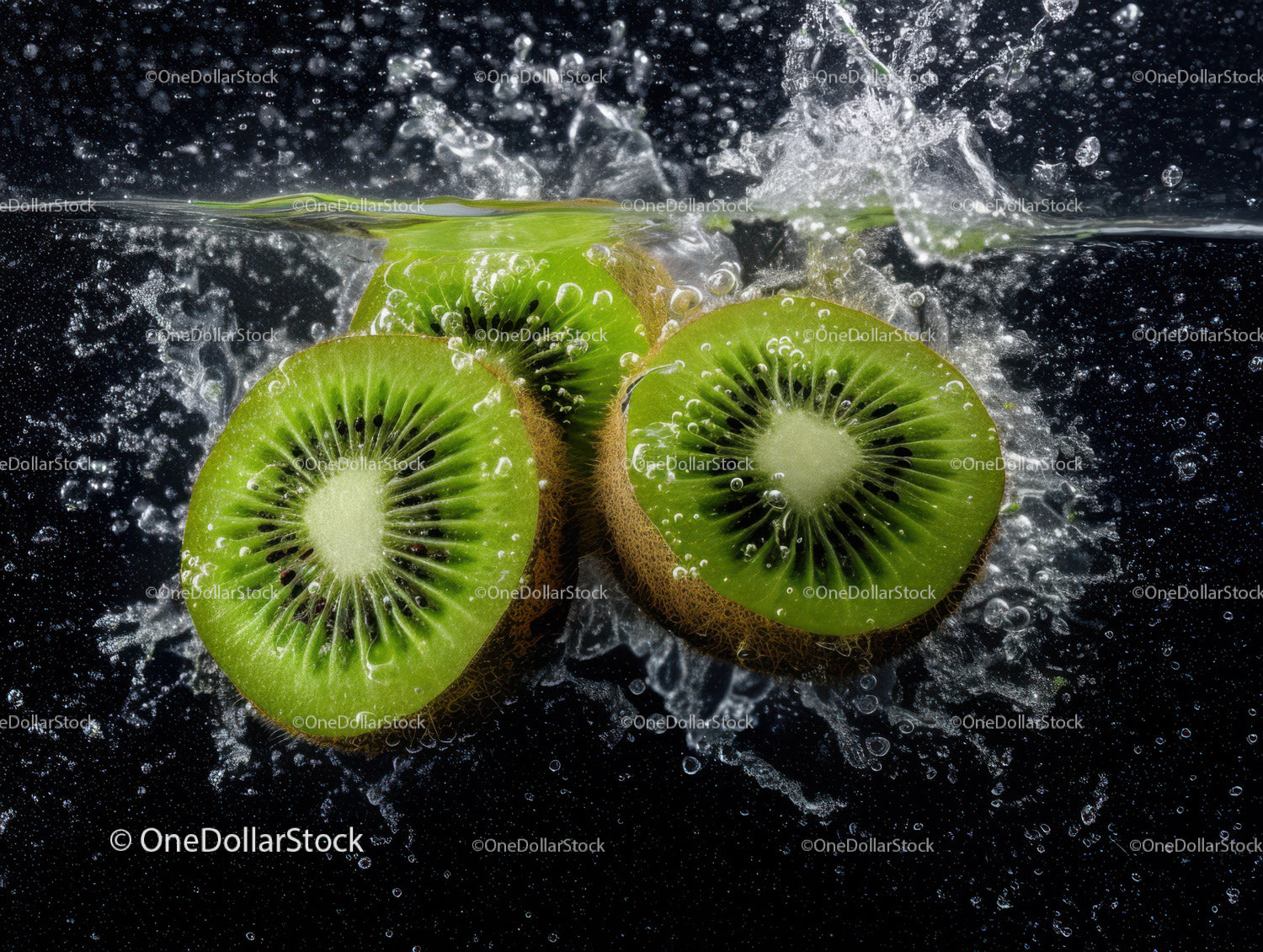 Vibrant Fresh Kiwi Slices in Water Under Bright Lighting