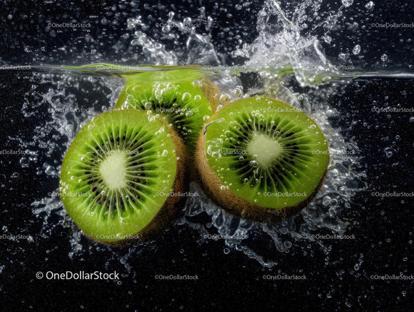 Żywe świeże plastry kiwi w wodzie pod jasnym oświetleniem