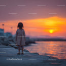 Silhouette of a Child at Sunset by the Ocean Shore