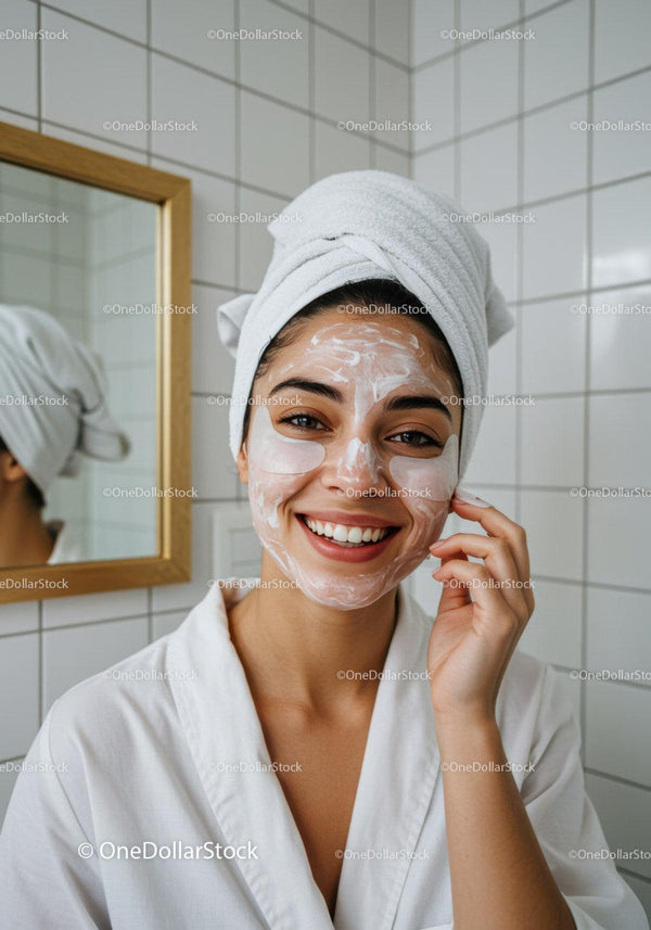 Smiling woman with facial mask enjoying skincare routine