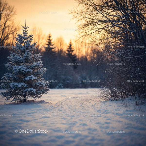 Snowy evergreen tree in peaceful winter sunset