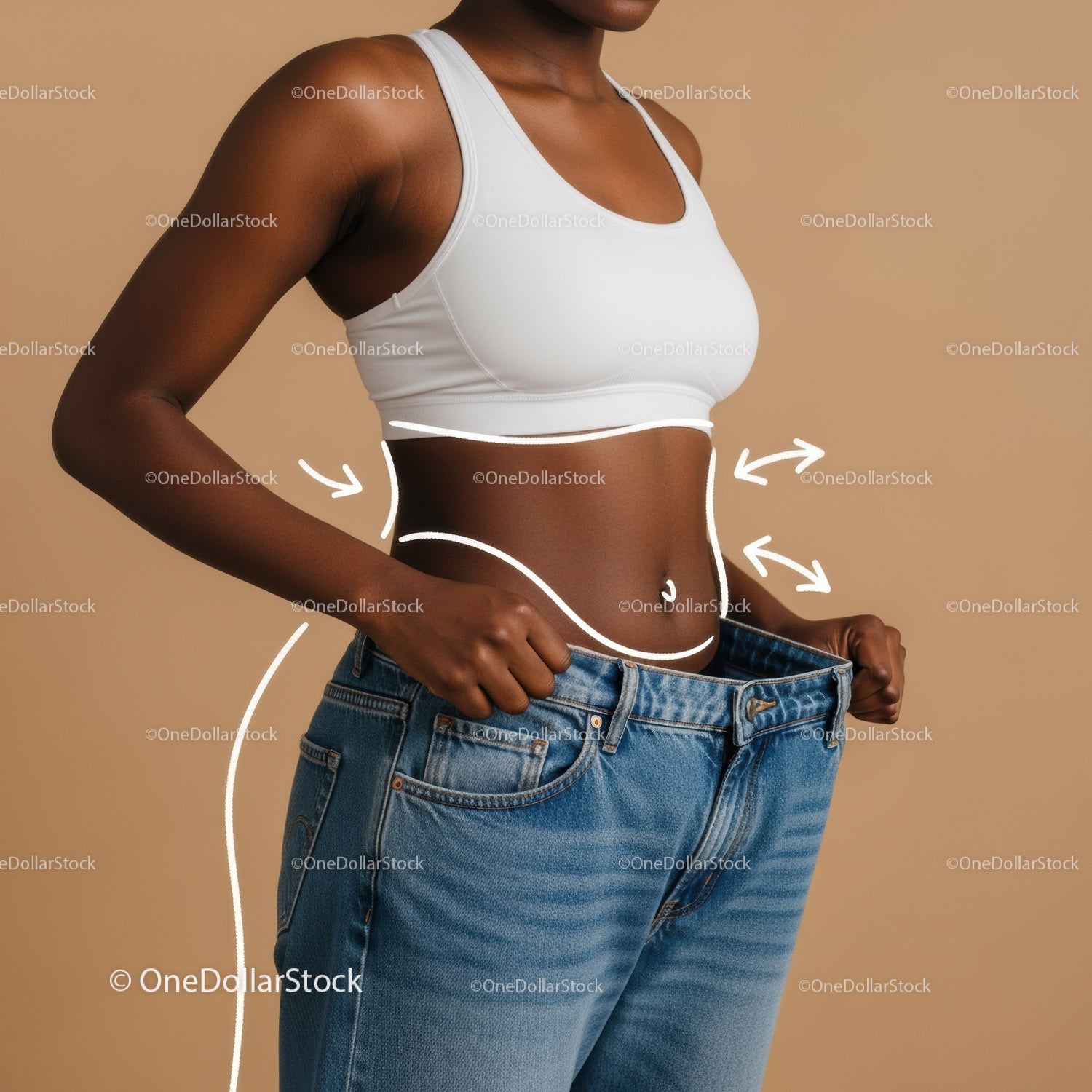 Woman Measuring Waist with Oversized Jeans for Body Transformation