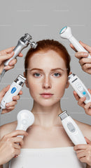 Young Woman Using Multiple Skincare Devices for Clear Radiant Skin