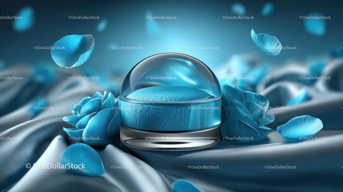 Elegant Blue Cosmetic Jar Among Delicate Petals