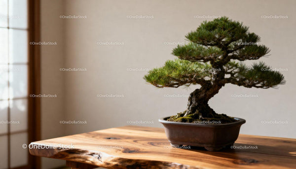 Bonsai Sosna na Drewnianym Stole w Miękkim, Naturalnym Świetle