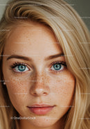 Close up portrait of young woman with blue eyes and freckles