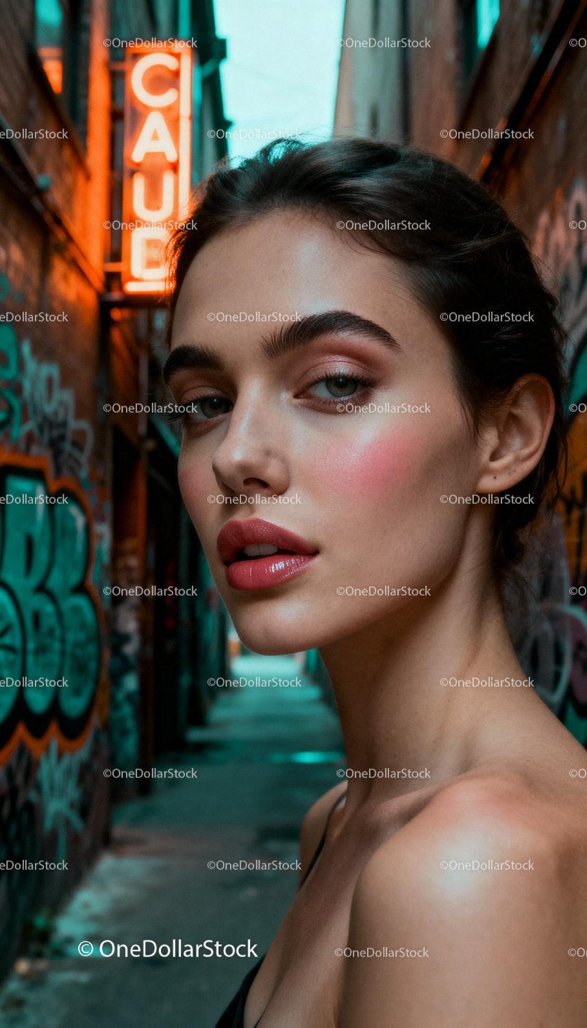 Young woman with natural makeup in urban alleyway