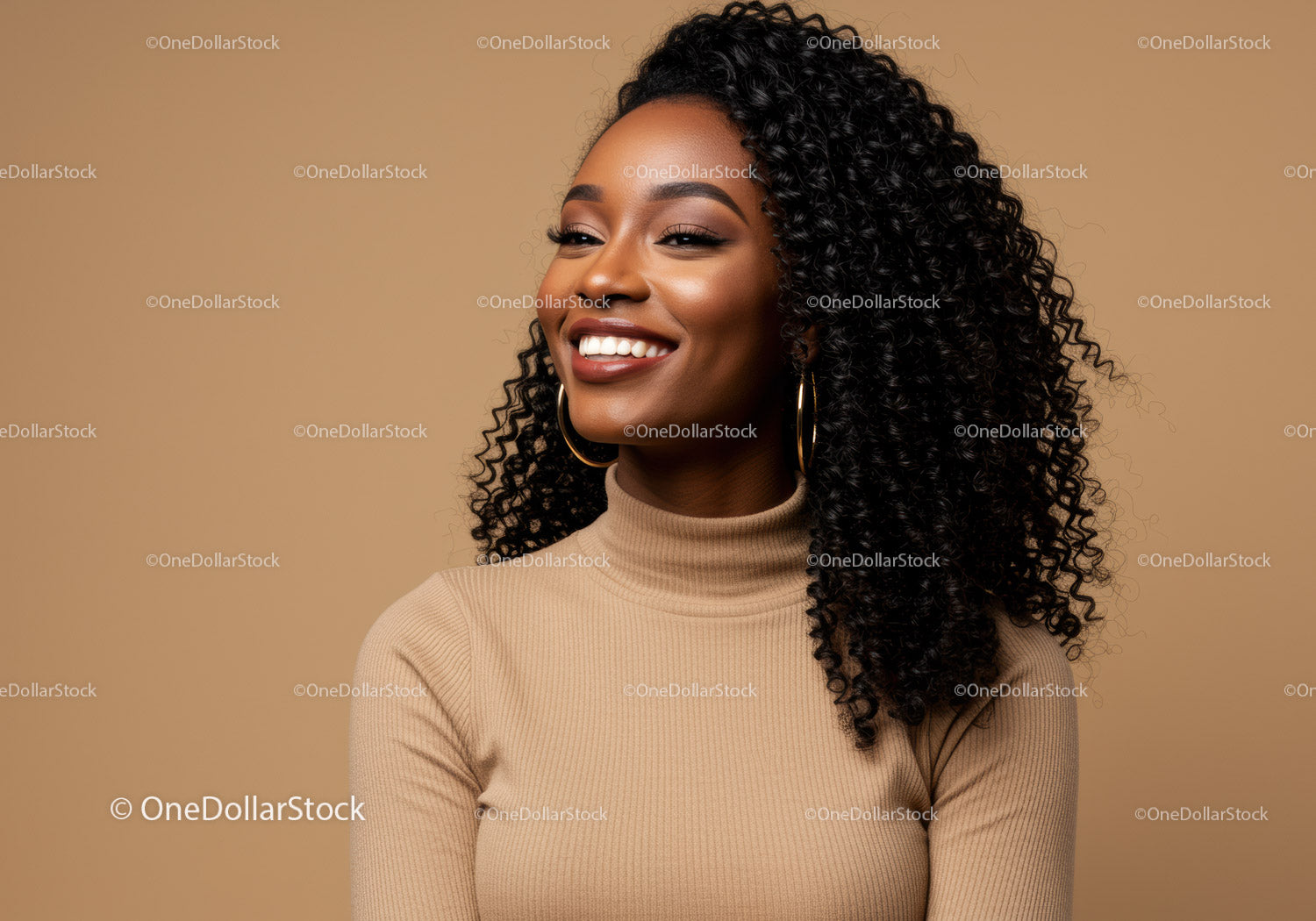 Beautiful Woman with Curly Hair Wearing a Beige Turtleneck in Studio