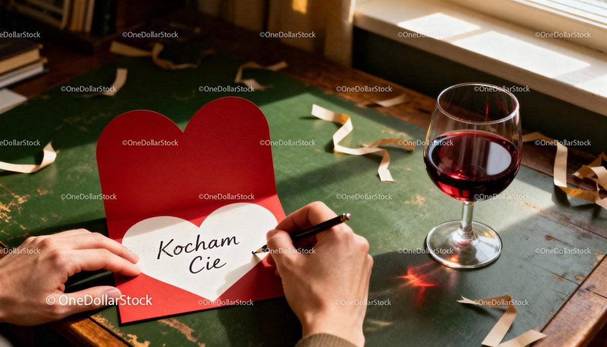 Writing a Love Message on a Valentine Card with Wine Glass