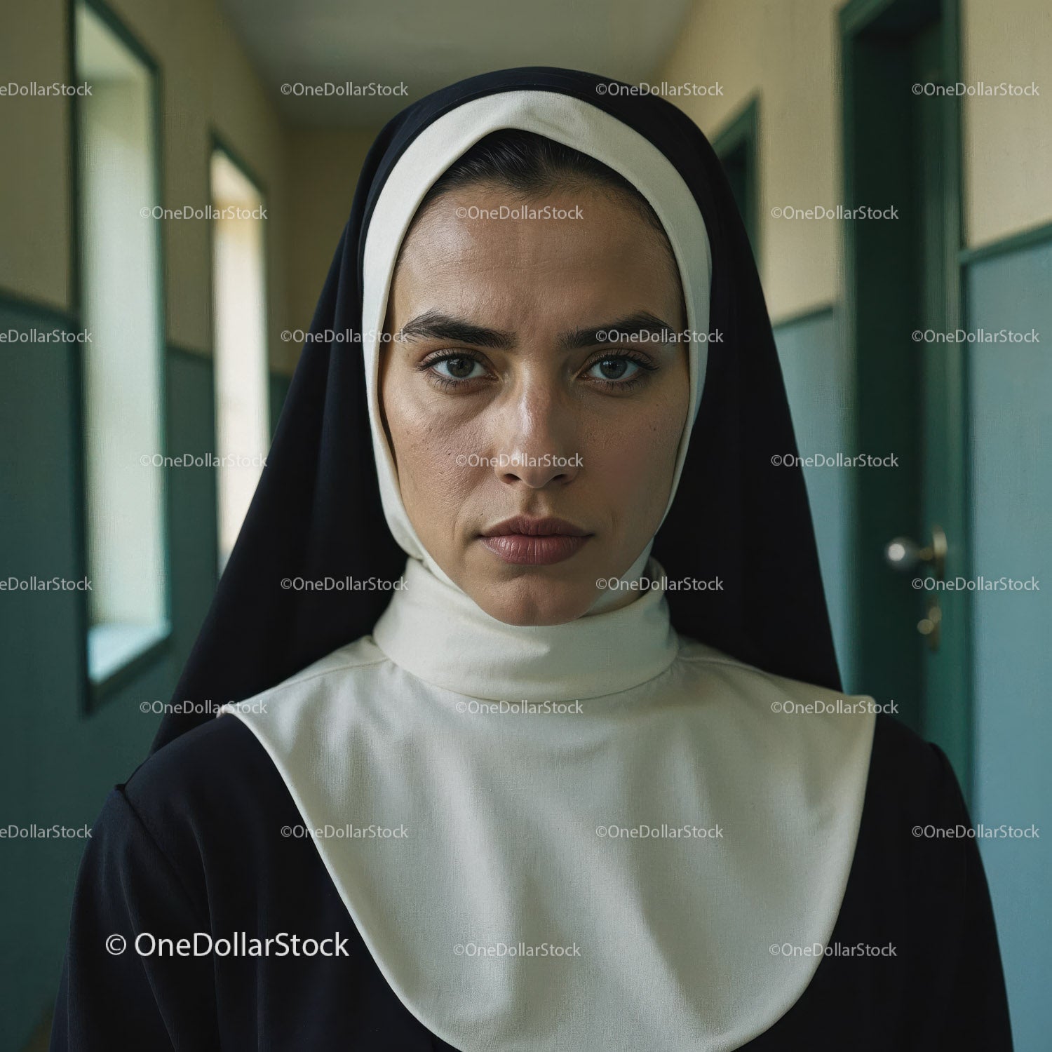 Confident Nurse in Hospital Corridor With Serious Expression