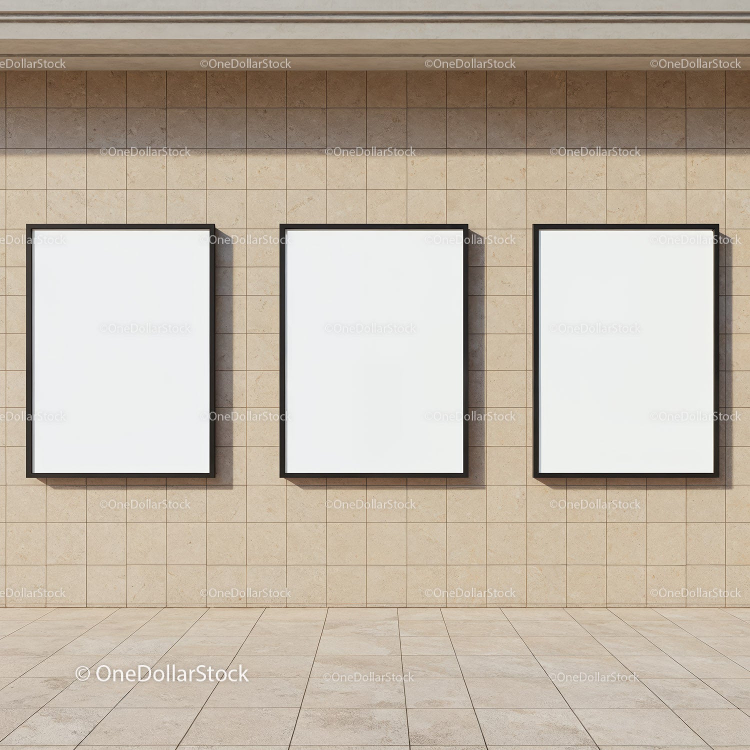 Three Blank Frames on Beige Tiled Wall in Gallery