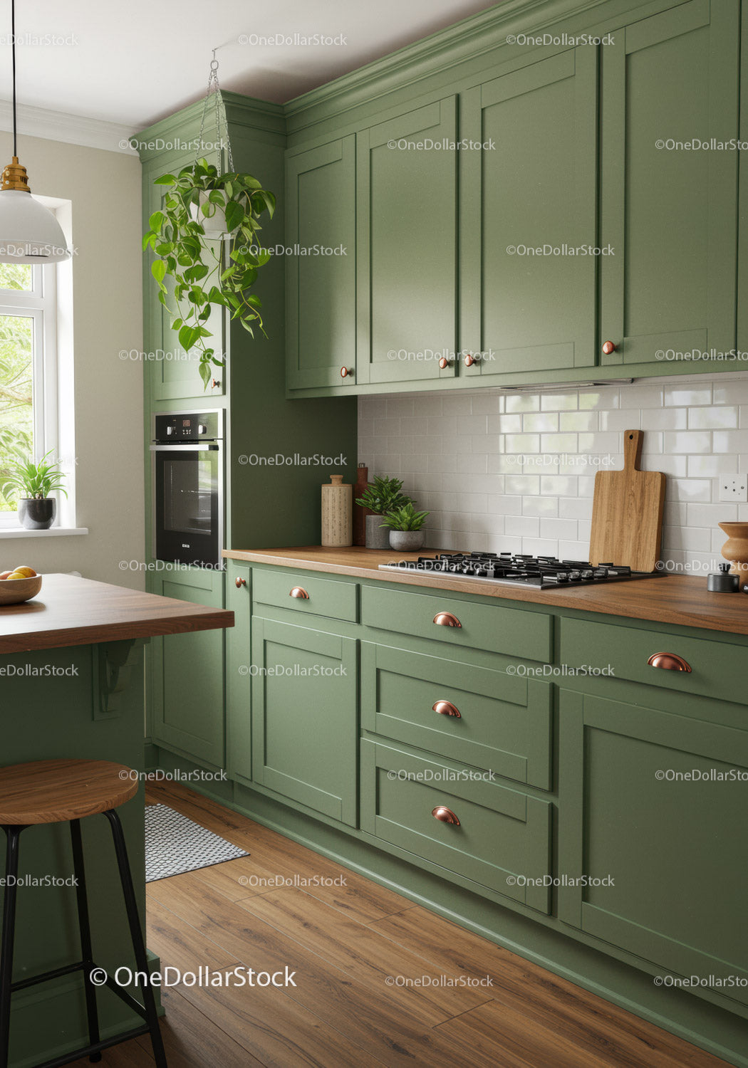 Modern Green Kitchen with Wooden Countertops and Potted Plants