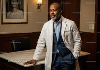 Confident Male Doctor in White Coat Standing in Modern Medical Office