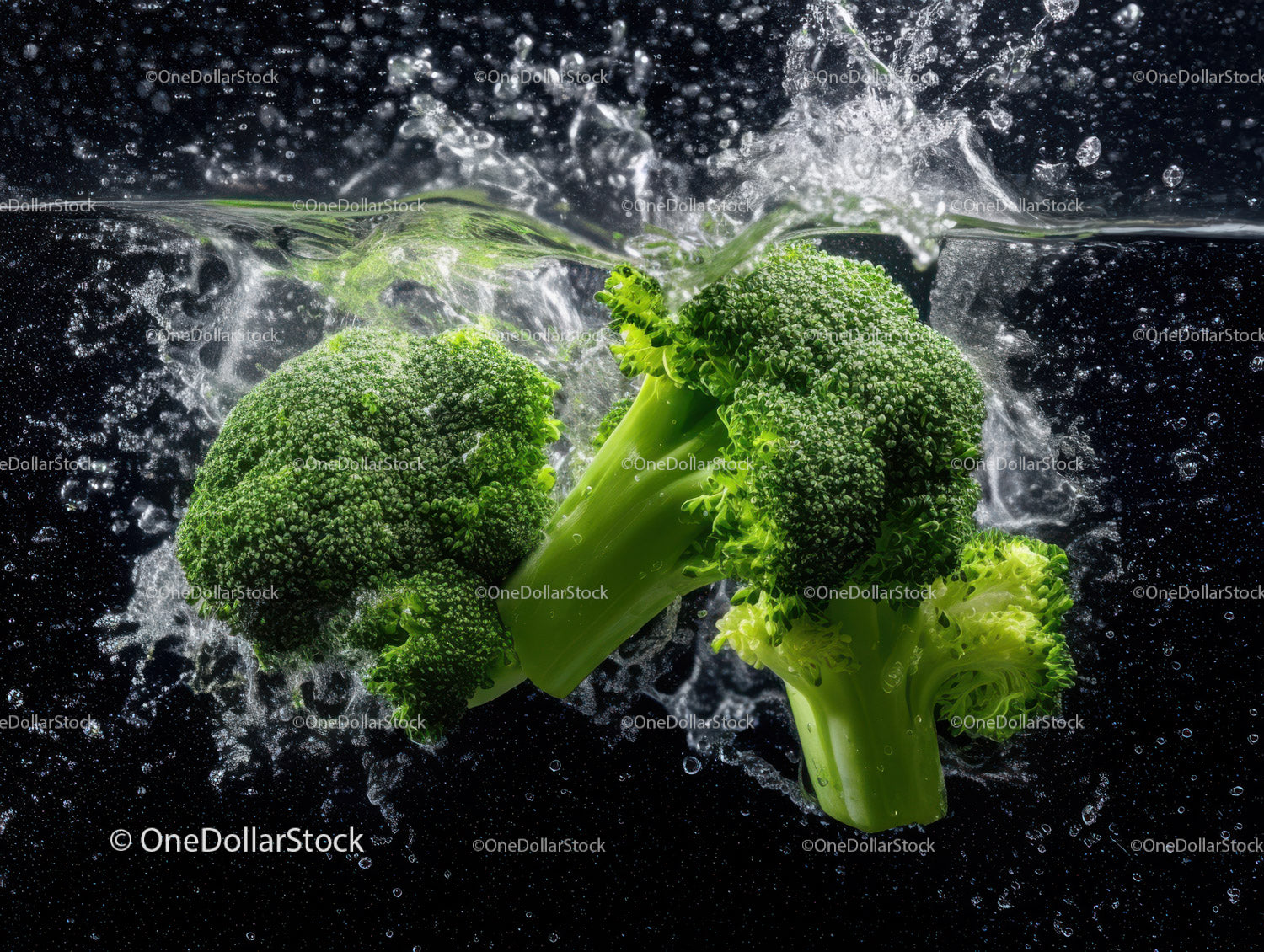 Fresh Broccoli Florets Splashing in Water for Healthy Food Photography