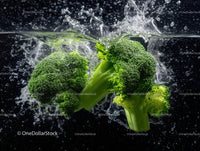 Fresh Broccoli Florets Splashing in Water for Healthy Food Photography