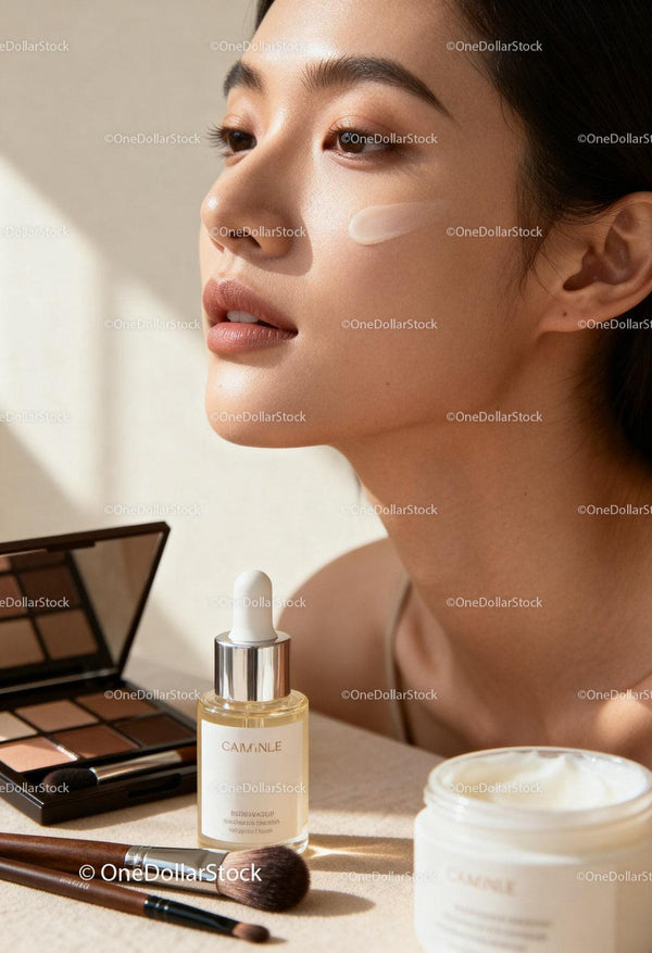 Asian woman with facial cream and makeup essentials