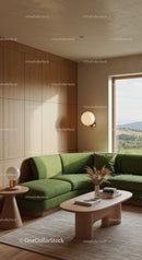 Modern living room with green sofa and natural light