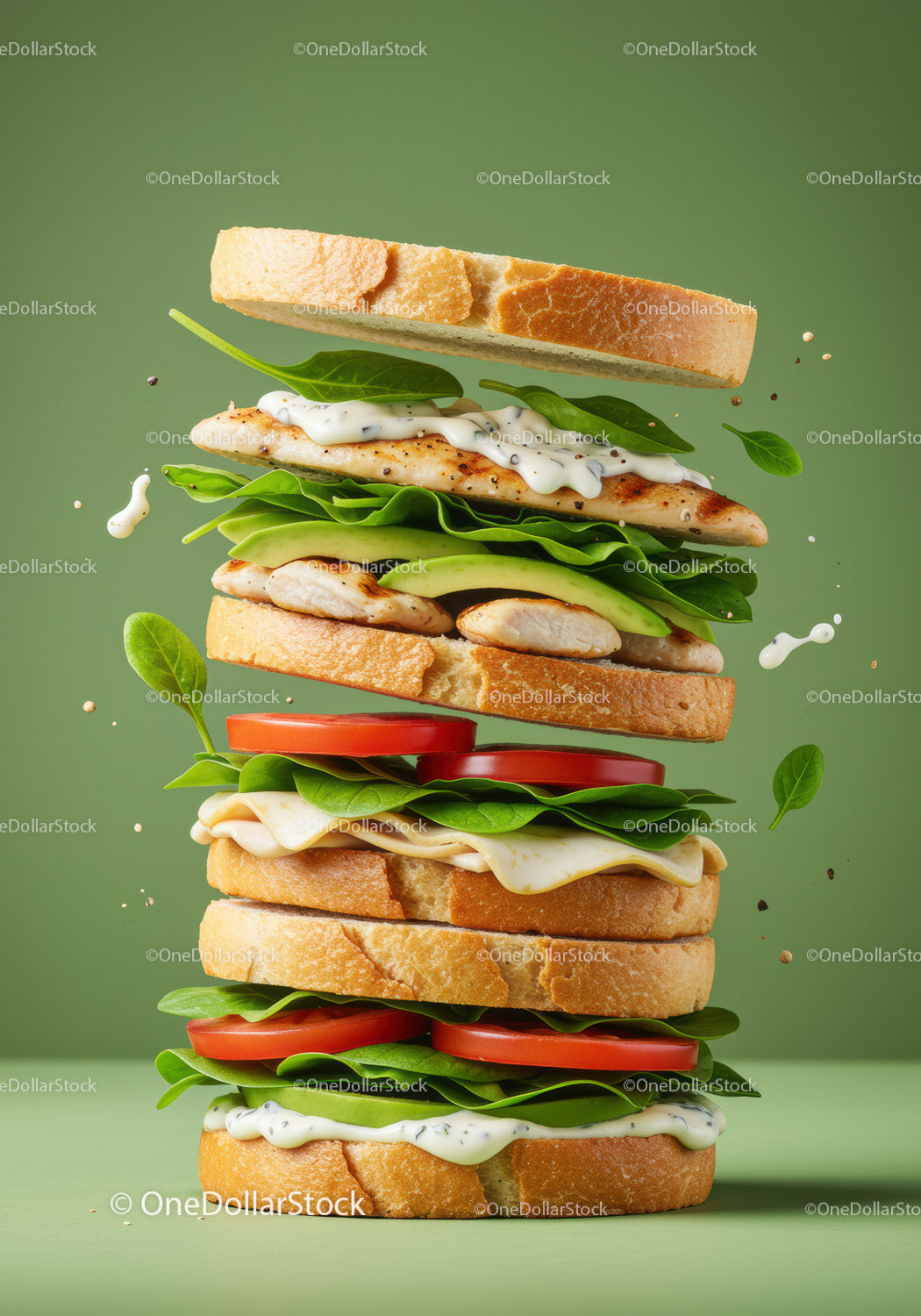 Stacked healthy chicken sandwich with fresh vegetables
