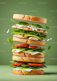 Stacked healthy chicken sandwich with fresh vegetables