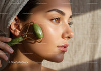 Close Up of Woman Using Jade Roller for Facial Skincare Treatment