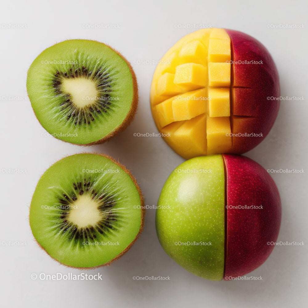 Fresh Sliced Kiwi and Mango Fruits on White Background