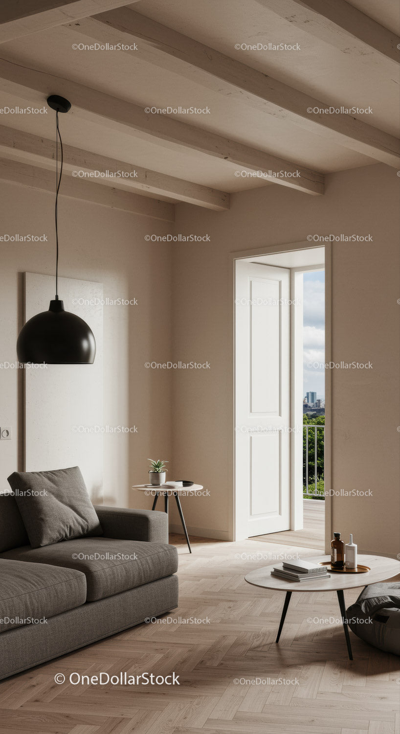 Nowoczesny, minimalistyczny salon z wygodną sofą i naturalnym światłem
