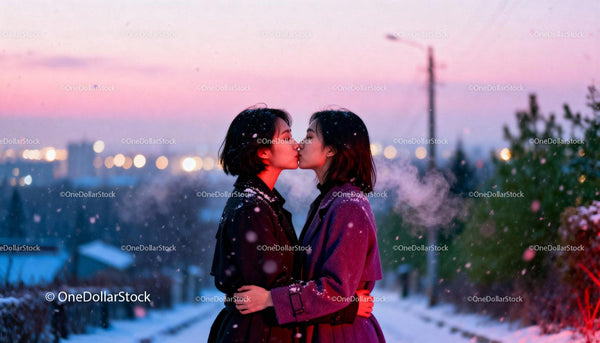 Couple sharing a tender kiss on snowy winter evening