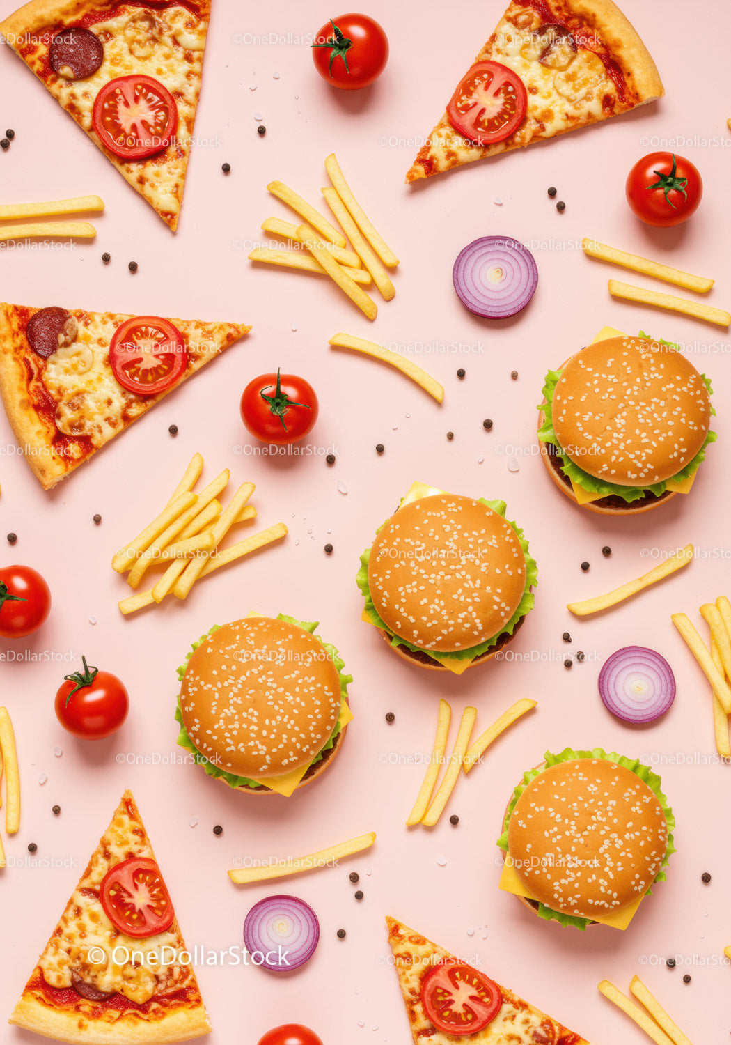 Pyszny wybór fast foodów z burgerami, frytkami i pizzą