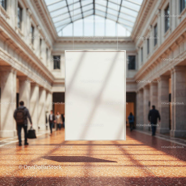 Empty White Poster Hanging in Bright Indoor Gallery JPG Mockup Image