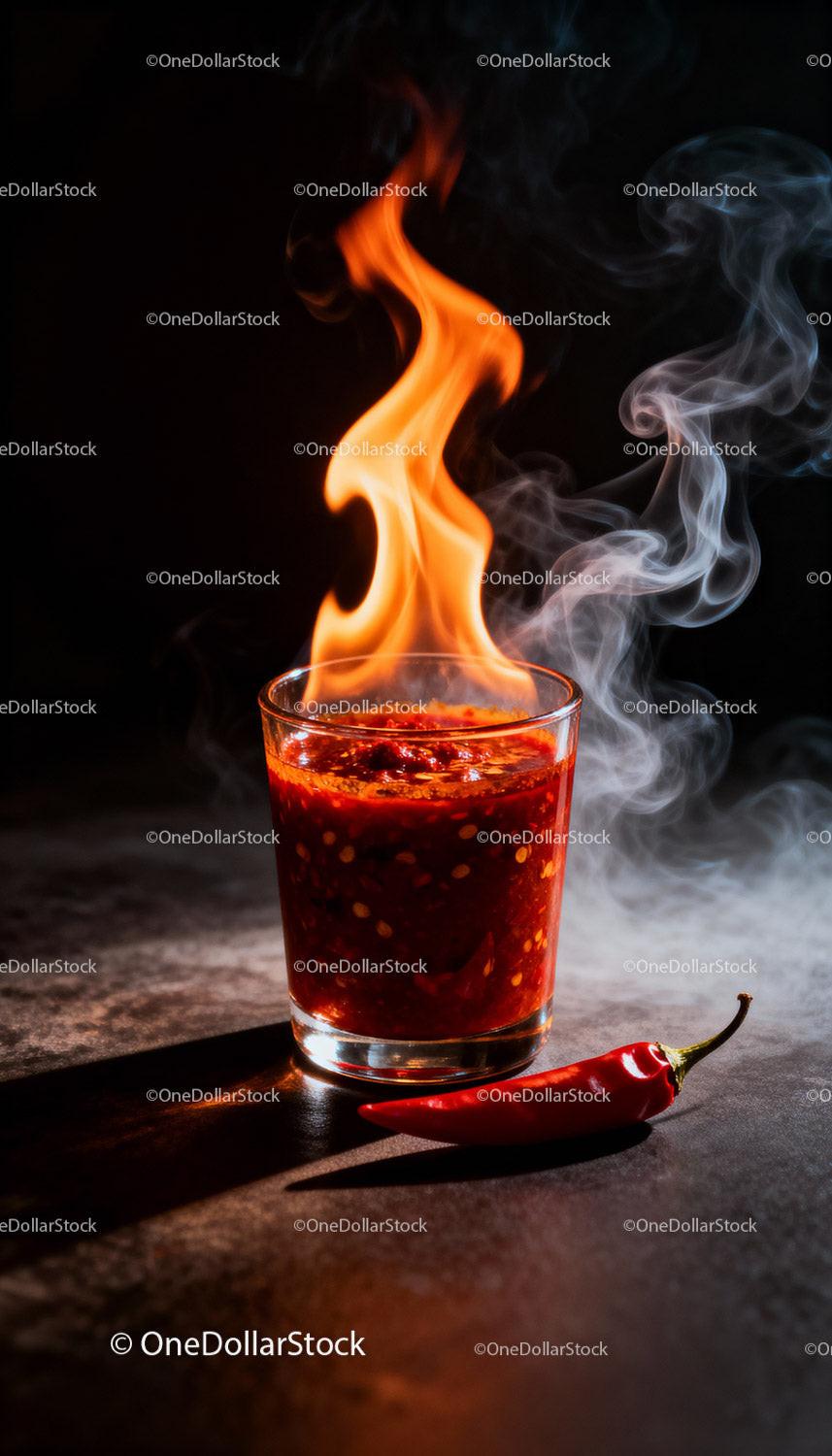 Fiery hot chili sauce with intense flame and smoke